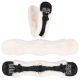 Drei Pferdegurtzeuge ausgestellt: ein flauschiger weißer Gurt mit schwarzen Riemen und Schnallen, ein flacher weißer Gurt und einer mit D-Ring.