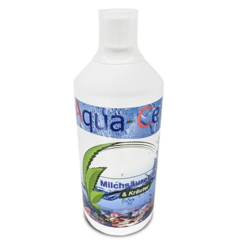 Aqua-Clean-Flasche mit einem blauen Etikett mit Wassertropfen, Text "Milchsäurebakterien & Kräuter" und einem grünen Blätterdesign.