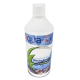 Aqua-Clean-Flasche mit einem blauen Etikett mit Wassertropfen, Text "Milchsäurebakterien & Kräuter" und einem grünen Blätterdesign.