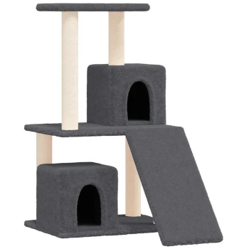Grauer mehrstöckiger Katzenbaum mit zwei geschlossenen Höhlen, einer Rampe und einer oberen Plattform zum Klettern und Ausruhen.