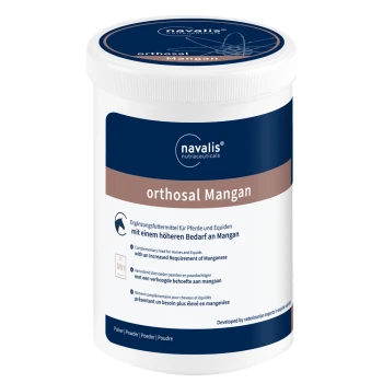 Behälter von navalis orthosal Mangan, einem Ergänzungsfutter für Pferde und Equiden, das erhöhte Mangananforderungen hervorhebt.