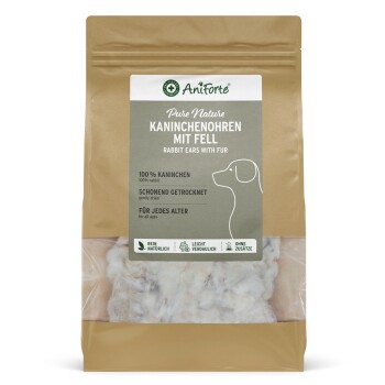 Braune wiederverschließbare Tüte AniForte Pure Nature „Kaninchenohren mit Fell“ Hundesnacks — 100 % Kaninchen