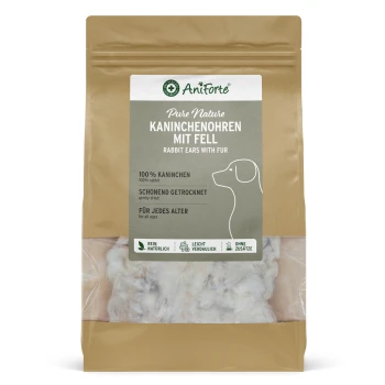 Braune wiederverschließbare Tüte AniForte Pure Nature „Kaninchenohren mit Fell“ Hundesnacks — 100 % Kaninchen