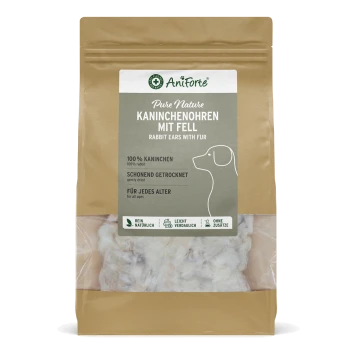 Braune wiederverschließbare Tüte AniForte Pure Nature „Kaninchenohren mit Fell“ Hundesnacks — 100 % Kaninchen