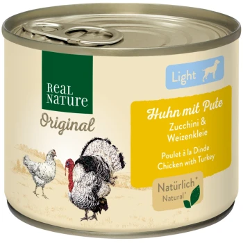 Dosen-Hundefutter 'Real Nature Original Light' mit Huhn, Truthahn, Zucchini und Weizenkleie, illustriert mit Hühnern und einem Truthahn.