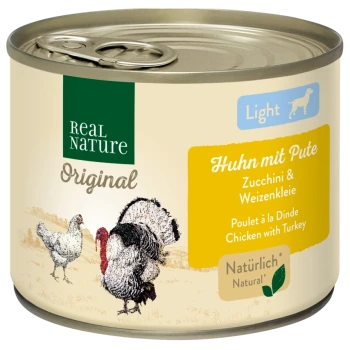 Dosen-Hundefutter 'Real Nature Original Light' mit Huhn, Truthahn, Zucchini und Weizenkleie, illustriert mit Hühnern und einem Truthahn.