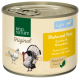Dosen-Hundefutter 'Real Nature Original Light' mit Huhn, Truthahn, Zucchini und Weizenkleie, illustriert mit Hühnern und einem Truthahn.