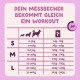 Deutsche Fütterungstabelle: 'DEIN MESSBECHER BEKOMMT GLEICH EIN WORKOUT' – Tabelle ordnet kg in g zu, Größen S/M/L, 24h-Symbol.