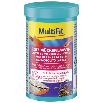 Contenant de nourriture pour poissons MultiFit Red Mosquito Larvae avec images de poissons et larves, source naturelle de protéines pour poissons d'ornement.