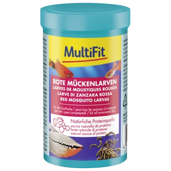 MultiFit Red Mosquito Larvae visvoer container met afbeeldingen van vissen en larven, natuurlijke eiwitbron voor siervissen.