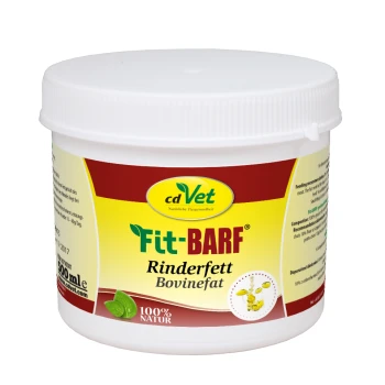 Ein weißer Kunststoffbehälter mit der Aufschrift "cdVet Fit+BARF Rinderfett Bovinefat" und einem gelben Logo, das ein grünes Blatt und den Text "100% NATUR" zeigt.