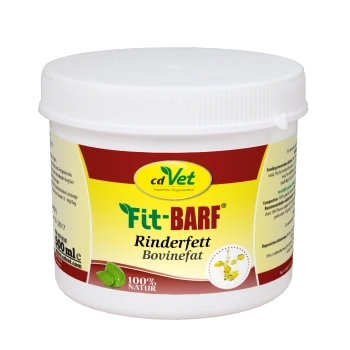 Ein weißer Kunststoffbehälter mit der Aufschrift "cdVet Fit+BARF Rinderfett Bovinefat" und einem gelben Logo, das ein grünes Blatt und den Text "100% NATUR" zeigt.