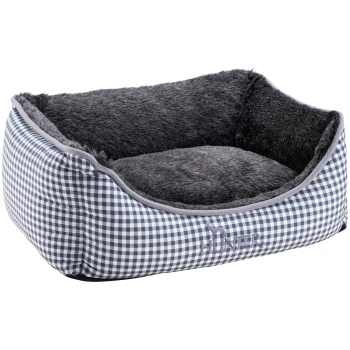 Hundesofa Astana grau S Gemütliches Haustierbett mit einem marineblauen und weißen Karomuster und weichem grauem Fellfutter, mit dem Markennamen "Hunter" auf der Seite gestickt.