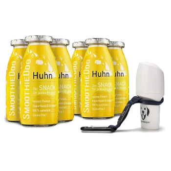 6er Huhn + Doggyroller Blau M Gelbe Smoothieflaschen mit den Aufschriften "Huhn" und "SmoothieDog" für Hunde, mit Text über natürliche Zutaten und einer weißen Haustierwasserflasche.