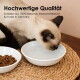 Weiße Futterschüssel für Haustiere mit einem Durchmesser von 13,4 cm und einer Kapazität von 250 ml, beschriftet mit "made in Germany."