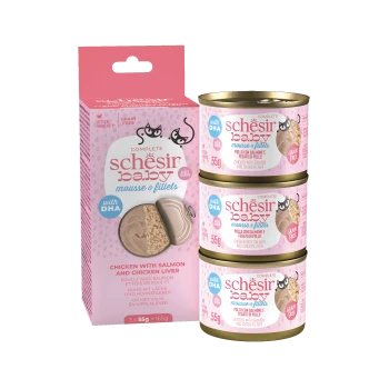 Pink Schesir Baby mousse & fillets cat food pack (3x55g) chicken with salmon & chicken liver, grain free, with DHA.