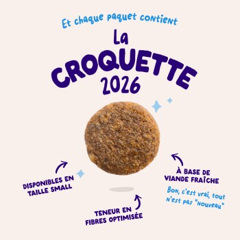 Croquette ronde pour animal avec le titre «LA CROQUETTE 2026» et les mentions «Disponibles en taille small», «Teneur en fibres optimisée», «À base de viande fraîche».