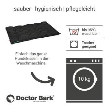 Schwarzes Hundebett mit gepolstertem Design, beschriftet mit "sauber | hygienisch | pflegeleicht", maschinenwaschbar bis 95°C, trocknergeeignet, von Doctor Bark.