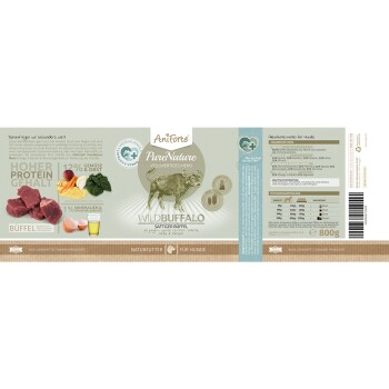 Etikett für Aniforte PureNature Hundefutter mit 'Wildbuffalo' und Bildern von Fleisch, Gemüse und Nährstoffdetails.