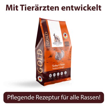 Premium-Hundefutterbeutel beschriftet "GOLD" mit Rezeptur aus Truthahn und Kartoffeln, vom Tierarzt für alle Rassen empfohlen.
