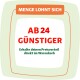 Werbegrafik von einem Online-Haustiergeschäft, mit fettem Text: "AB 24 GÜNSTIGER" und "MENGE LOHNT SICH," was Rabatte für Großkäufe anzeigt.