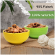 Zwei bunte Schalen, gefüllt mit Haustierfutter, eine gelbe und eine grüne, mit Etiketten, die '93% Fleisch' und '100% natürlich' angeben.