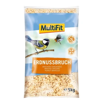 5 kg MultiFit Erdnussgranulat für Vögel, mit einem blauen Hintergrund, mit einer Kohlmeise und einem Rotkehlchen. Etikett lautet "ERDNUSSBRUCH" in mehreren Sprachen.