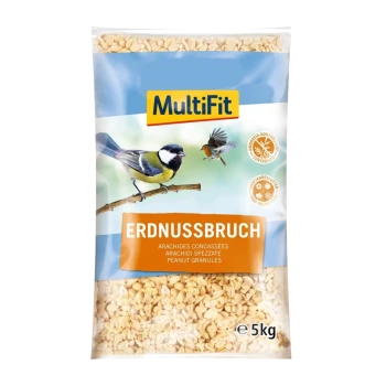 5 kg MultiFit Erdnussgranulat für Vögel, mit einem blauen Hintergrund, mit einer Kohlmeise und einem Rotkehlchen. Etikett lautet "ERDNUSSBRUCH" in mehreren Sprachen.