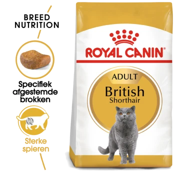 Royal Canin Adult British Shorthair kattenvoerzak met een grijze kat, met nadruk op voeding voor het ras en unieke brokvorm.