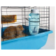 Un lapin marron est assis à l'intérieur d'une cage pour animaux de compagnie bleue avec des copeaux de bois, à côté d'une bouteille d'eau claire attachée à la cage.