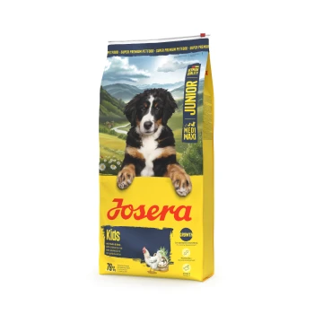 Josera Junior Kids Hundenahrungstüte mit Welpenbild, beschriftet mit "Deutsche Qualität", "Medi Maxi" und "mit Huhn & Reis".