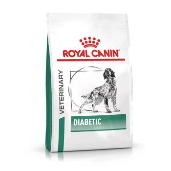 Royal Canin Veterinary Diabetic Hundefutterbeutel mit einer schwarz-weißen Illustration eines Hundes, mit einem roten Kronenlogo.