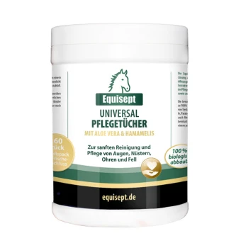 Equisept Universal-Tücherbehälter mit Aloe Vera und Hamamelis, 60 biologisch abbaubare Tücher für sanfte Reinigung von Augen, Ohren und Fell.