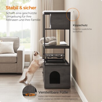 Ein moderner Katzenbaum mit zwei Katzen: eine klettert und eine ruht. Er hat verstellbare Füße für Stabilität und Sicherheitsmerkmale.