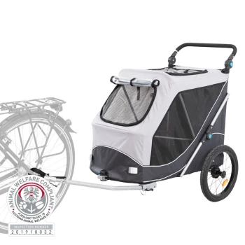 Haustieranhänger in Grau und Schwarz mit einem Netzfenster, entworfen für das Radfahren mit Haustieren, mit einem stabilen Rad und Griff.
