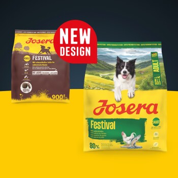 Josera Festival Hundefutterbeutel für erwachsene Hunde, altes und neues Design, mit Lachs und Huhn, 900g, mit Border Collie und Bauernhofszenerie.