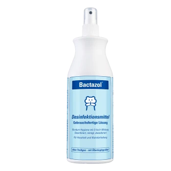 Bactazol Desinfektionsspray-Flasche mit blauer Etikett, mit deutschem Text über gebrauchsfertiges Desinfektionsmittel und dreifach wirkende Hygiene.