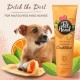 Pet Head Ditch the Dirt Deodorizing Conditioner in Orange, mit Aloe Vera, mit einem Hund, der auf einem Handtuch ruht, und Orangenscheiben im Hintergrund.