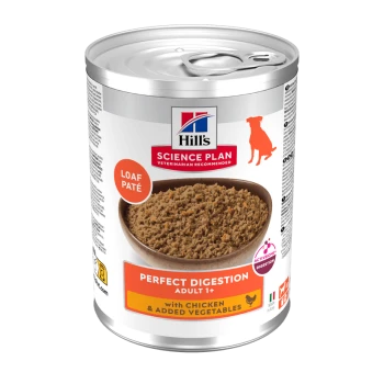 Can of Hill's Science Plan dog food labeled Loaf Paté, Perfect Digestion Adult 1+ with chicken & added vegetables.