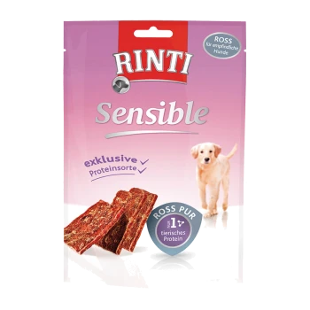 Pochette de friandises pour chiens RINTI Sensible avec lamelles de bœuf, image de chiot et textes « exklusive Proteinsorte » et « ROSS PUR »