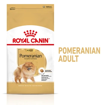 Sac de nourriture pour chiens Royal Canin Pomeranian Adult avec une illustration de Pomeranian duveteux et un texte sur les bienfaits nutritionnels.