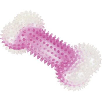 Transluzenter rosa-weißer stacheliger Gummi-Kauknochen für Hunde mit erhabenen, strukturierten Noppen.