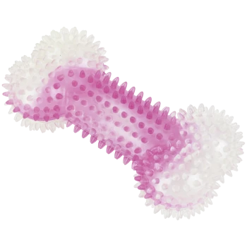 Transluzenter rosa-weißer stacheliger Gummi-Kauknochen für Hunde mit erhabenen, strukturierten Noppen.