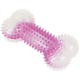 Jouet à mâcher en forme d'os pour chien en caoutchouc translucide rose et blanc avec picots texturés en relief.