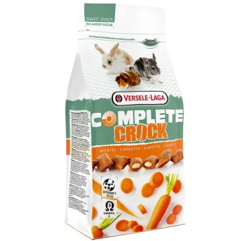 Eine Tüte Versele-Laga Complete Crock Tiernahrung für kleine Tiere, die Kaninchen, Karotten und wichtige Vorteile wie "Kein Zuckerzusatz" zeigt.