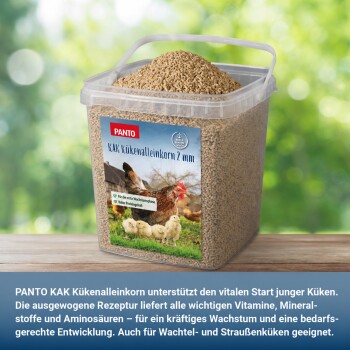 Transparenter Plastik-Eimer mit PANTO KAK Kükenalleinkorn 2 mm; Etikett zeigt Henne mit Küken auf Gras.
