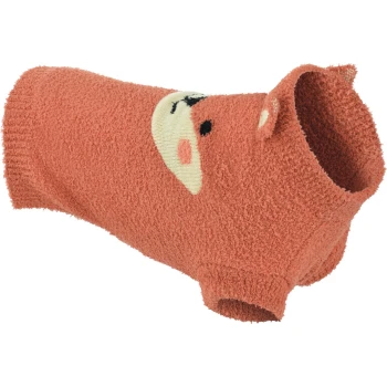 Knitted Fox Jumper 24 cm Coral fuzzy dog sweater featuring a cream knit pig face and small 3D ear accents