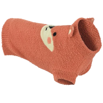 Coral fuzzy dog sweater featuring a cream knit pig face and small 3D ear accents