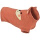 Coral fuzzy dog sweater featuring a cream knit pig face and small 3D ear accents