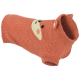 Coral fuzzy dog sweater featuring a cream knit pig face and small 3D ear accents